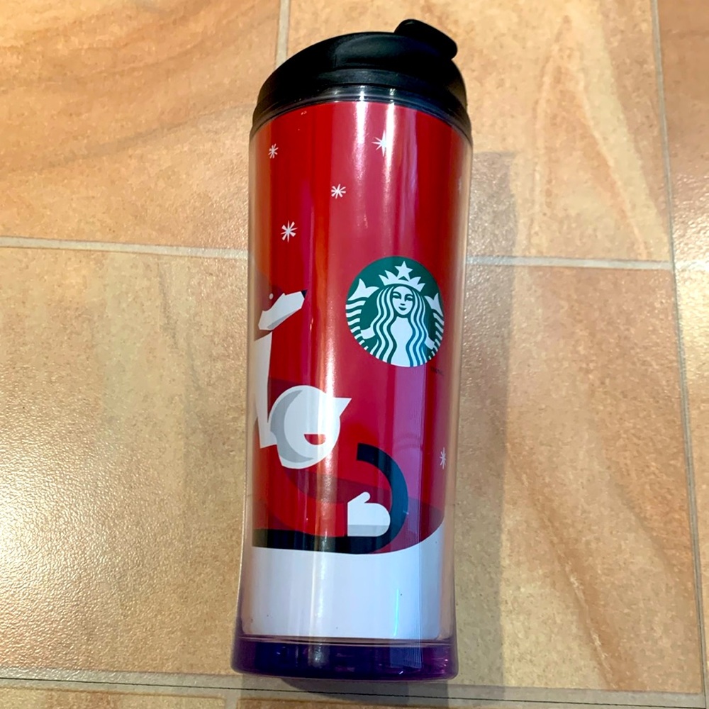 Starbucks Christmas Holiday Red Santa & Dog 16 oz Plastic Tumbler Travel Thermos